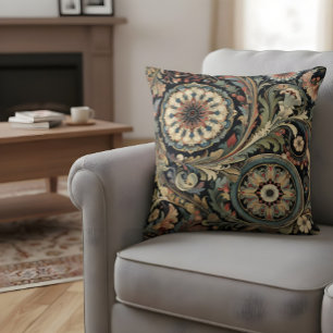 Vintage Paisley Throw Pillow Dark Green Orange