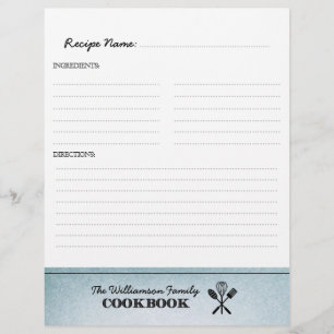 Vintage Pale Blue Family Cookbook Binder Insert