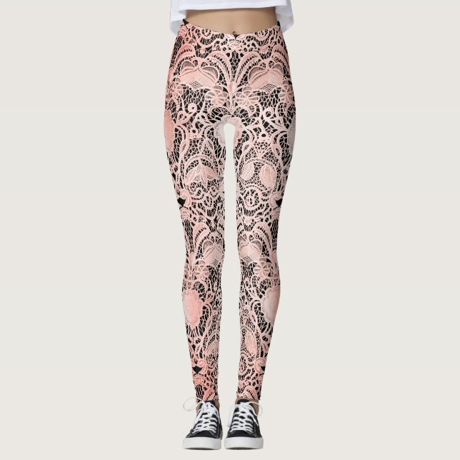 Vintage Pale Pink Lace on Black Leggings (Front)