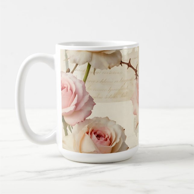 Vintage Pale Pink Rose Script Pattern Coffee Mug (Left)