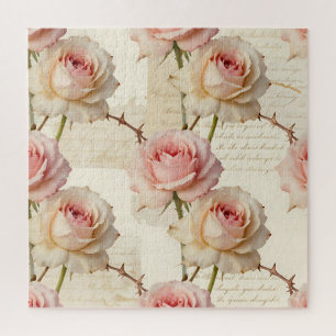 Vintage Pale Pink Rose Script Pattern Jigsaw Puzzle