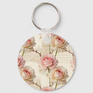 Vintage Pale Pink Rose Script Pattern Keychain
