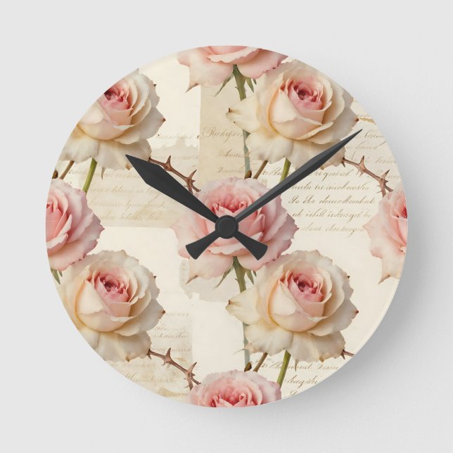 Vintage Pale Pink Rose Script Pattern Round Clock (Front)