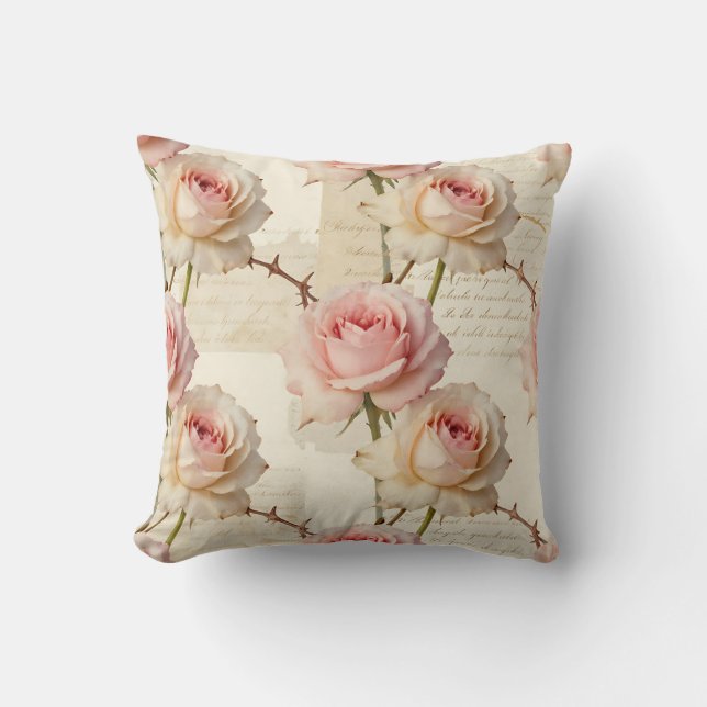 Vintage Pale Pink Rose Script Pattern Throw Pillow (Front)