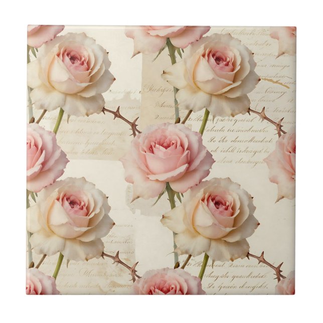 Vintage Pale Pink Rose Script Pattern Tile (Front)