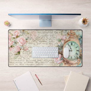 Vintage Pale Pink Roses Old Letter Clock Desk Mat