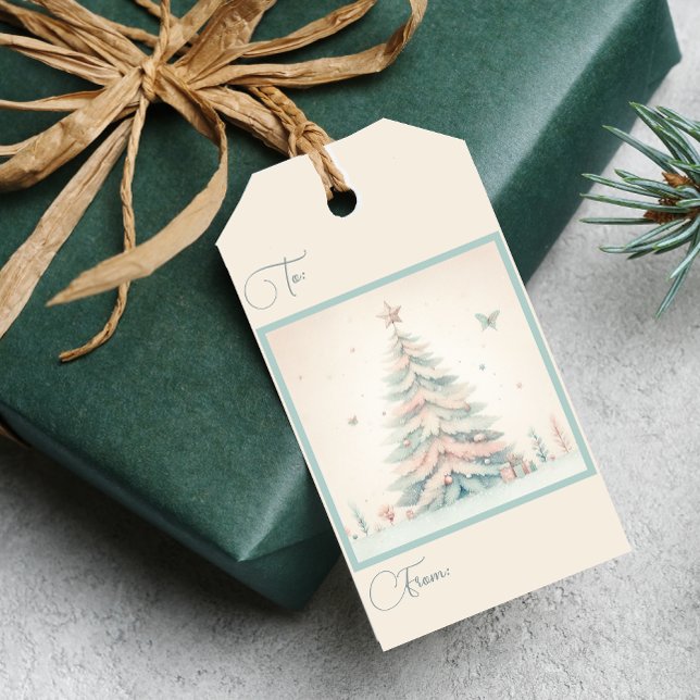 Vintage pale teal Merry Christmas tree Gift Tags (Vintage pale Merry Christmas Gift Tags)