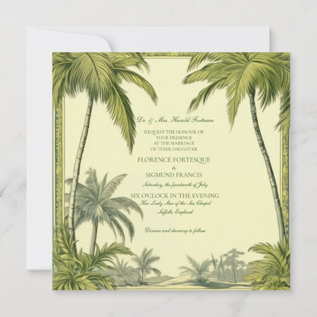Vintage Palm Tree Destination Mariage Invitation (Dos)