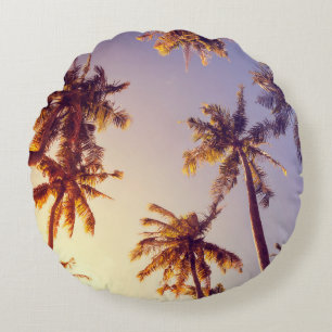 Vintage Palm Trees Blue Sky Round Pillow