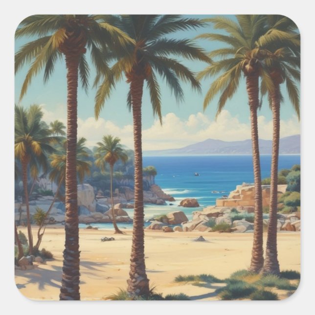 Vintage Palm Trees Cote D'Azur Travel Square Sticker (Front)