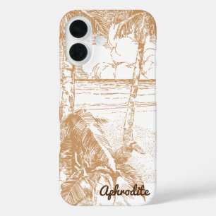 Vintage Palm Trees Tropical Beach Etching Editable iPhone 16 Case