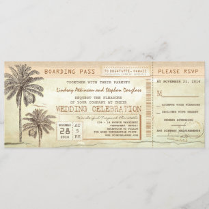 Vintage Palms Seaside Boarding Pass Wedding Ticket Invitation