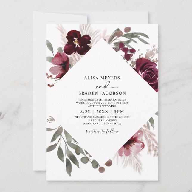 Vintage Pampas Grass Burgundy Pink Roses Wedding Invitation (Front)