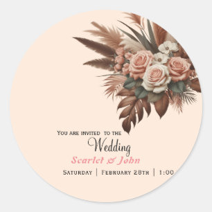 Vintage pampas grass rose floral wedding  classic round sticker