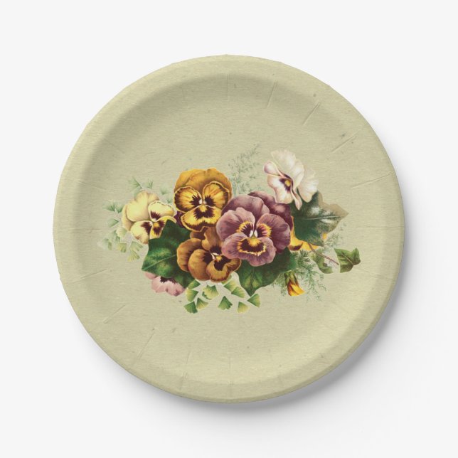 Vintage Pansies Bouquet Paper Plate (Front)