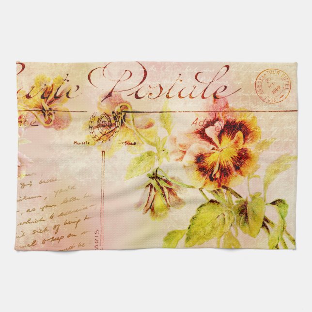 Vintage pansy flower postcard kitchen towel (Horizontal)