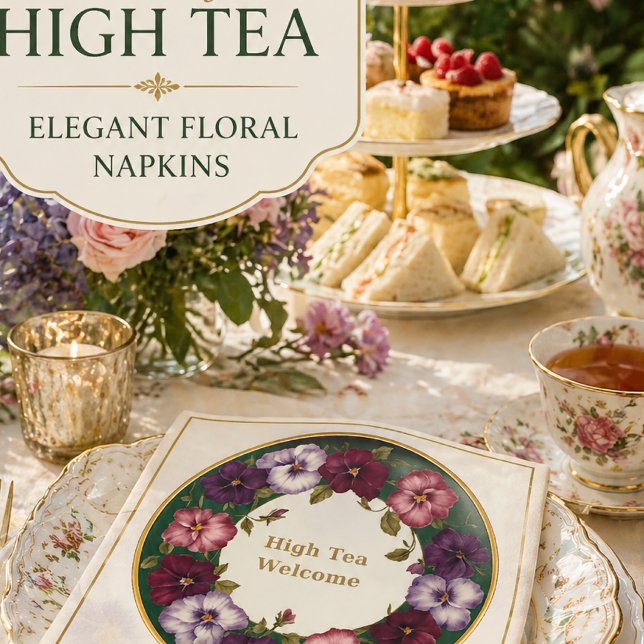 Vintage Pansy High Tea Napkins | Ivory & Gold (Elegant floral napkins for high tea, garden parties, bridal showers and refined table settings.)