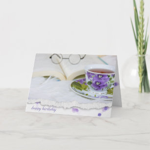 vintage pansy tea cup on fur with book card