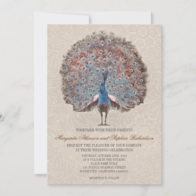 vintage paon élégante invitation à mariage (Devant)