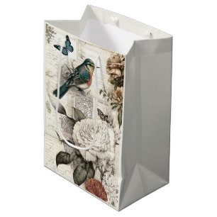 Vintage Paper Butterflies Birds Floral Medium Gift Bag
