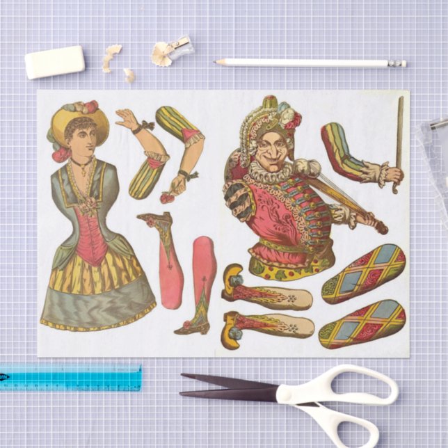 Vintage Paper Cut Out Lady & Jester Dolls (Craft)