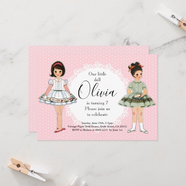 Vintage Paper Doll Birthday Party Invitation 2 (Front/Back In Situ)