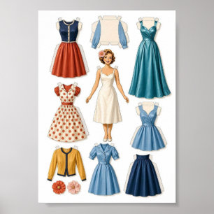 Vintage Paper Doll Cut-Out Activity for Girls Kids Poster