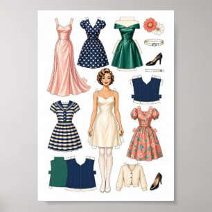 Vintage Paper Doll Cut-Out Activity for Girls Kids Poster