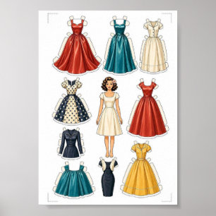 Vintage Paper Doll Cut-Out Activity for Girls Kids Poster