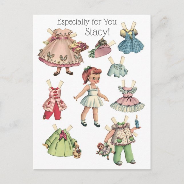 Vintage Paper Doll Image with Dresses Personalized Postcard (Front)