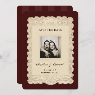 Vintage Paper Lace Burgundy Save the Date