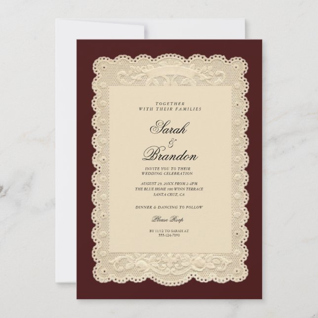Vintage Paper Lace Burgundy Wedding Invitation (Front)