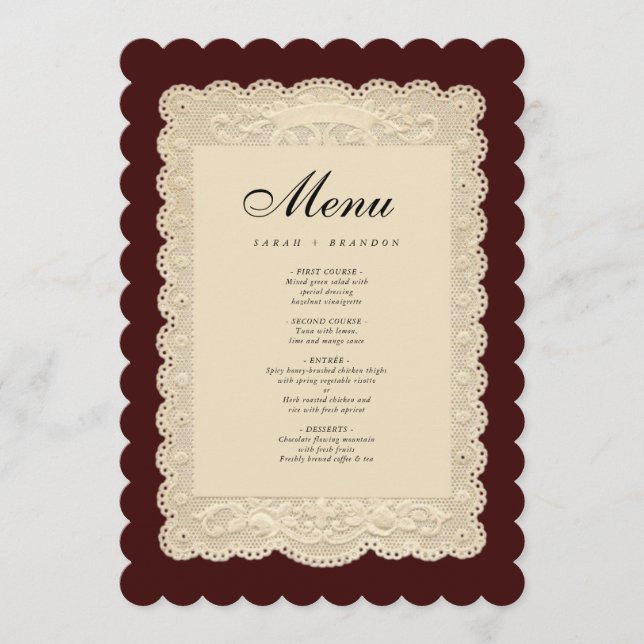Vintage Paper Lace Burgundy Wedding Menu (Front)