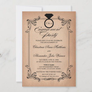 Vintage Paper Look and Ornament Engagement Party Invitation
