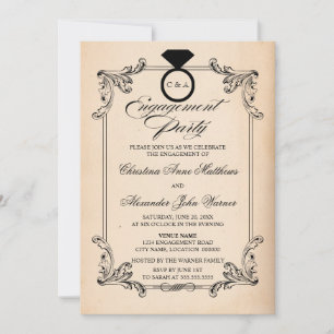 Vintage Paper Look and Ornament Engagement Party Invitation