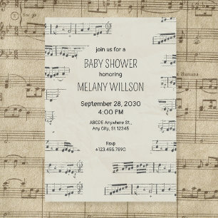 Vintage paper musical notes baby shower invitation