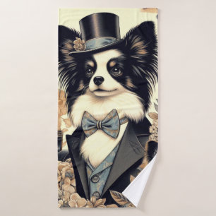 Vintage Papillon Dog Illustration Bath Towel