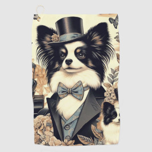 Vintage Papillon Dog Illustration Golf Towel