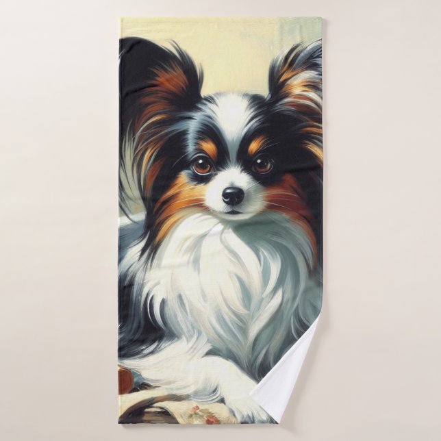 Vintage Papillon Dog Painting Bath Towel (Bath Towel)