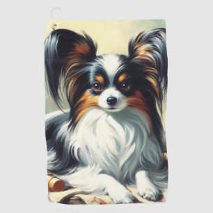 Vintage Papillon Dog Painting Golf Towel