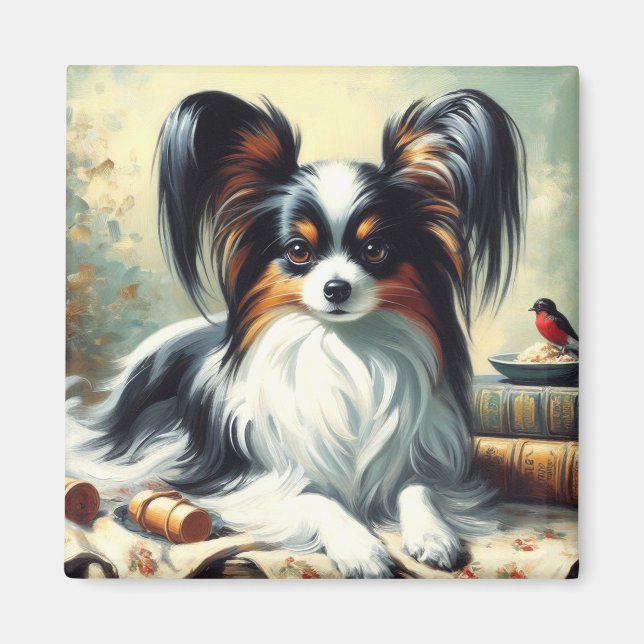 Vintage Papillon Dog Painting Magnet (Front)