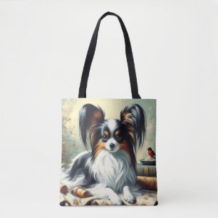 Vintage Papillon Dog Painting Tote Bag