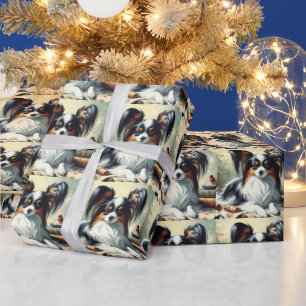 Vintage Papillon Dog Painting Wrapping Paper