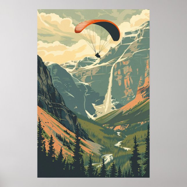 Vintage Paragliding Flying in the Mountains Poster (Front)