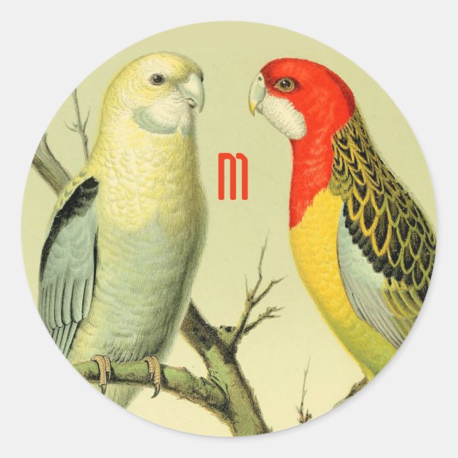   Vintage parakeets - monogrammed  Classic Round Sticker (Front)
