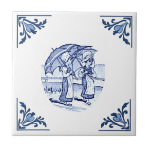 Vintage Parasol Girls Delft Corner Blue and White Tile
