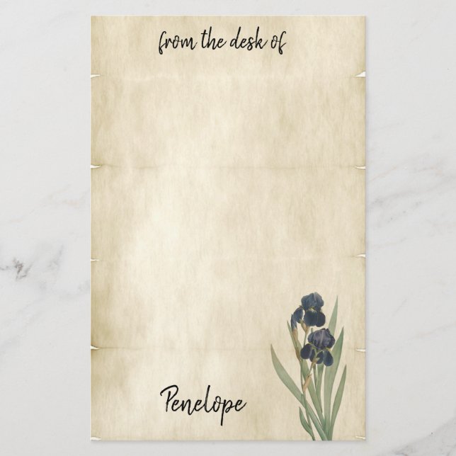 Vintage Parchment Botanical Irises with Name Stationery (Front)