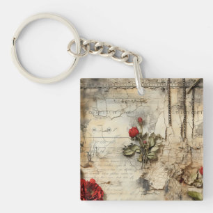 Vintage Parchment Love Letter with Flowers (10) Keychain