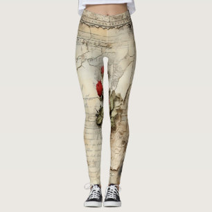 Vintage Parchment Love Letter with Flowers (10) Leggings
