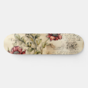 Vintage Parchment Love Letter with Flowers (1) Skateboard